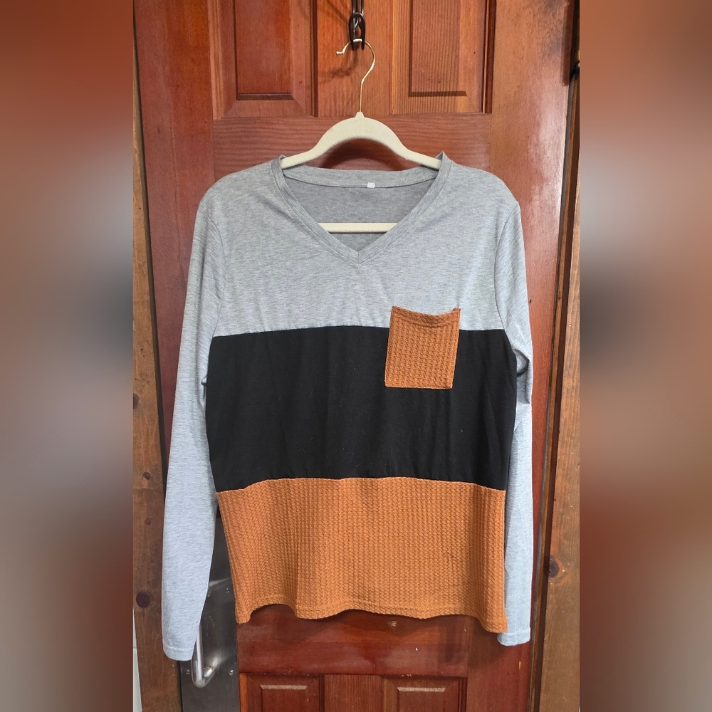 Gray, Black, and Brown Colorblock Long Sleeve Top
